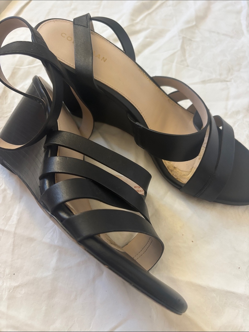 Cole Haan Black Strappy Leather Wedge Sandals